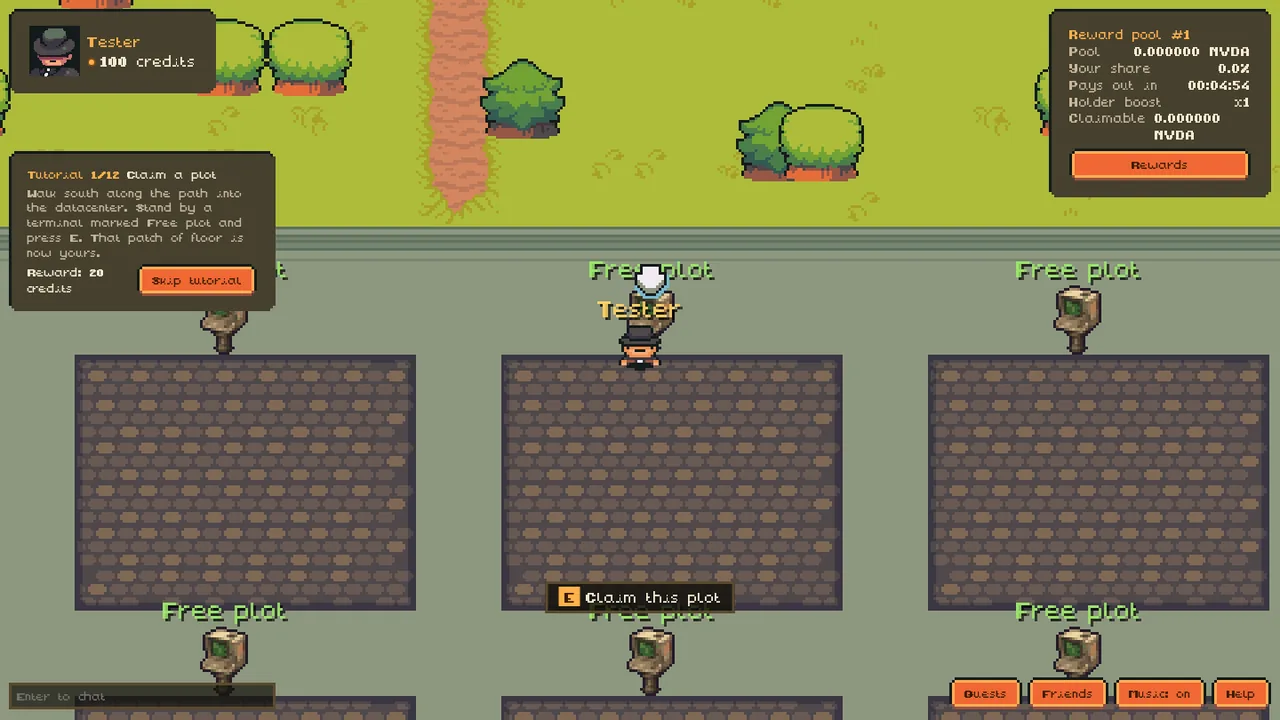 The guided tutorial pointing a new player at a free plot